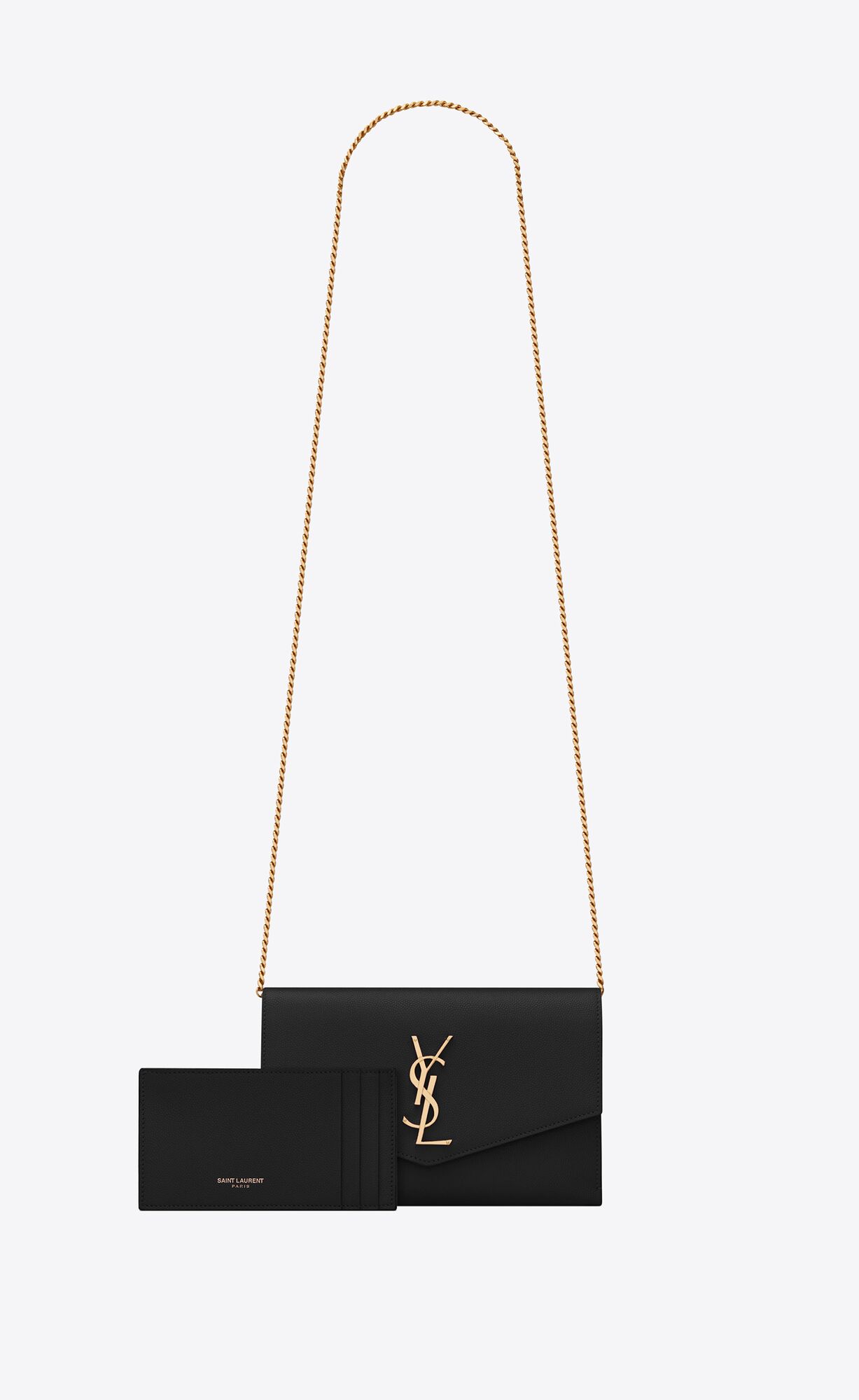 YSL Uptown Chain Wallet In Grain De Poudre Embossed Leather Black | 0861245-PU