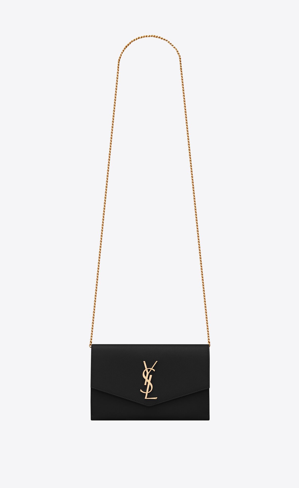 YSL Uptown Chain Wallet In Grain De Poudre Embossed Leather Black | 0861245-PU