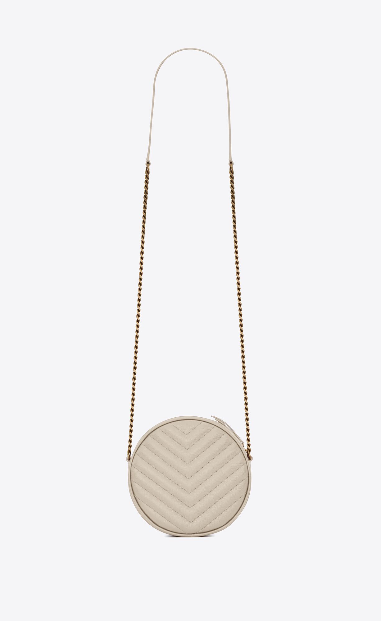 YSL Vinyle Round Camera Bag In Chevron-quilted Grain De Poudre Embossed Leather Blanc Vintage | 3290475-FD