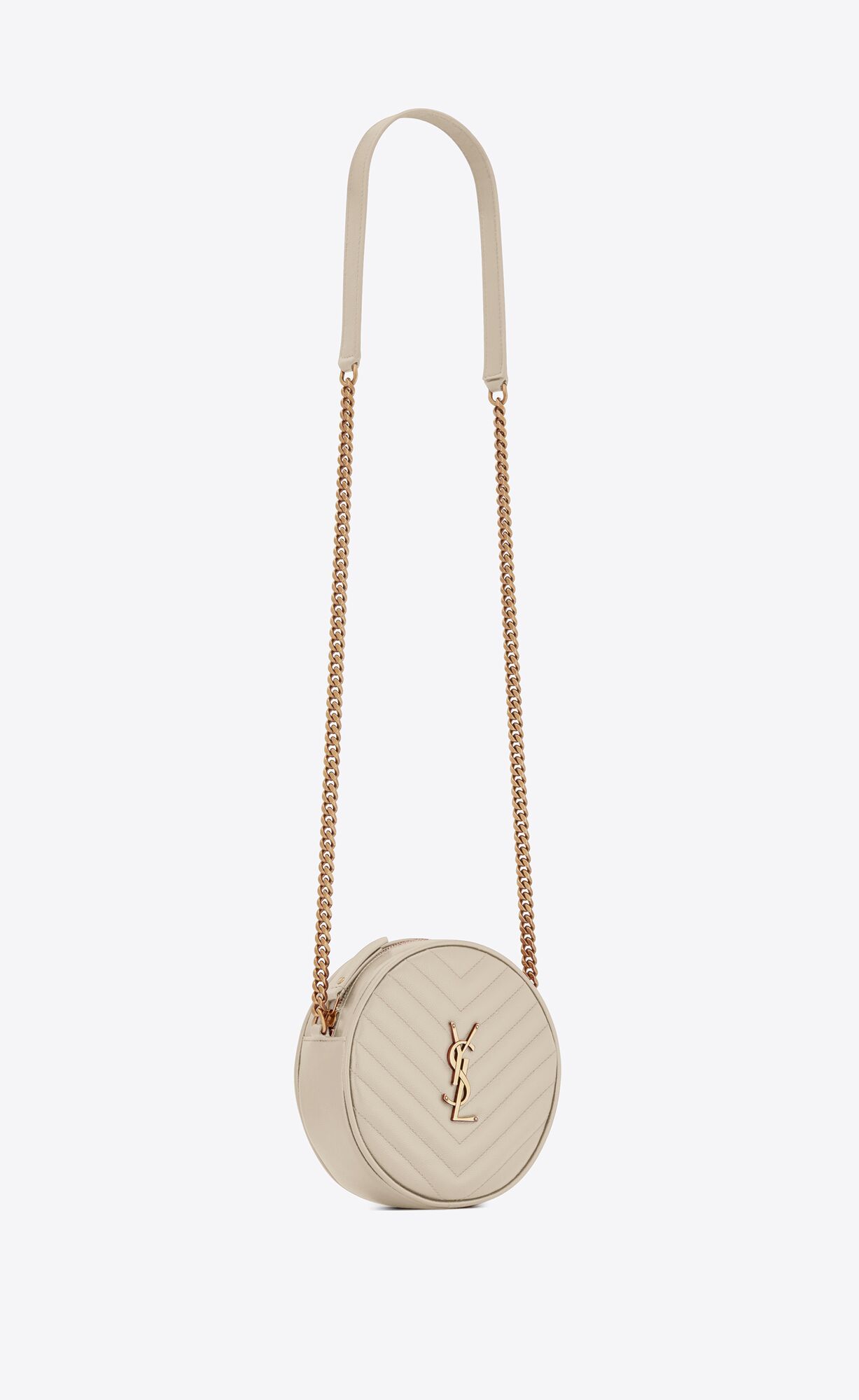 YSL Vinyle Round Camera Bag In Chevron-quilted Grain De Poudre Embossed Leather Blanc Vintage | 3290475-FD