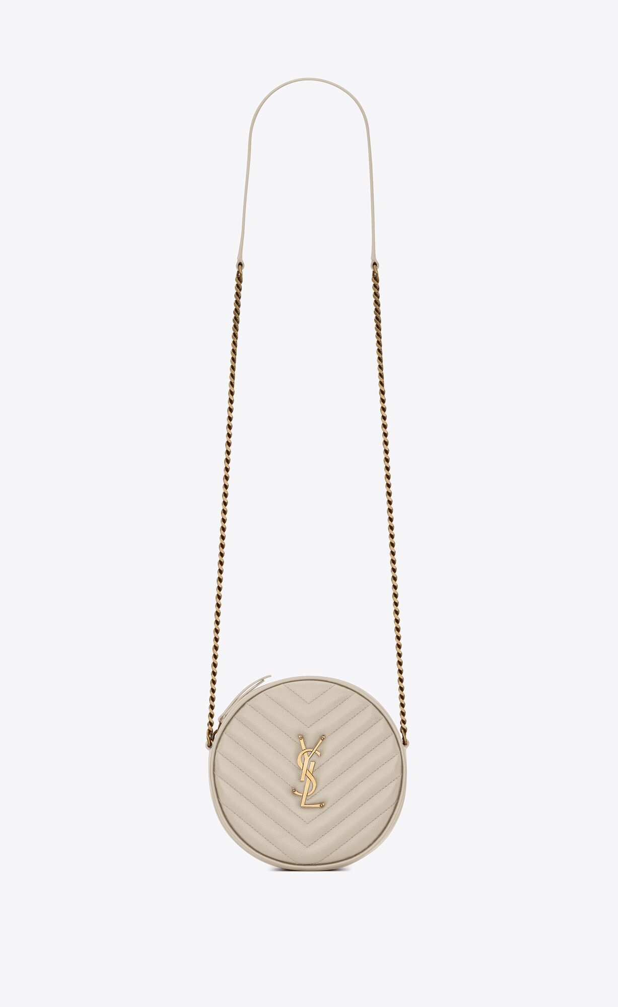 YSL Vinyle Round Camera Bag In Chevron-quilted Grain De Poudre Embossed Leather Blanc Vintage | 3290475-FD